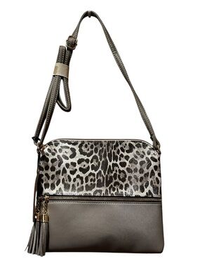Deluxity Leopard Accent Crossbody Shoulder Bag in Gray